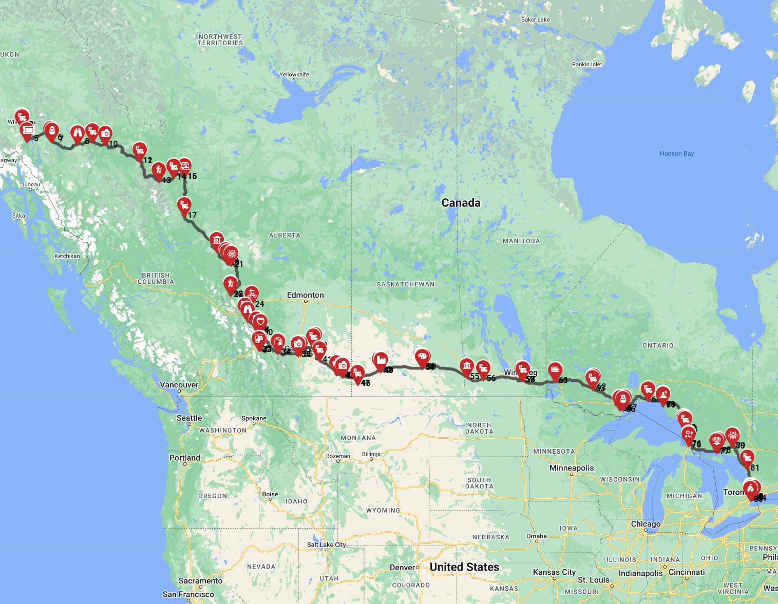 How to plan an RV trip route from Whitehorse to Toronto with a motorhome